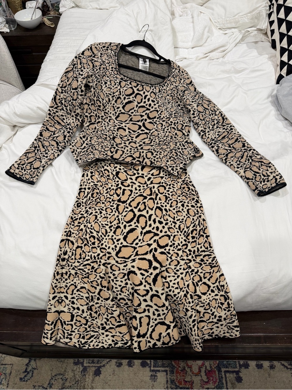 BCBGMaxAzria Leopard Print Top & Skirt Set - Beige Black M